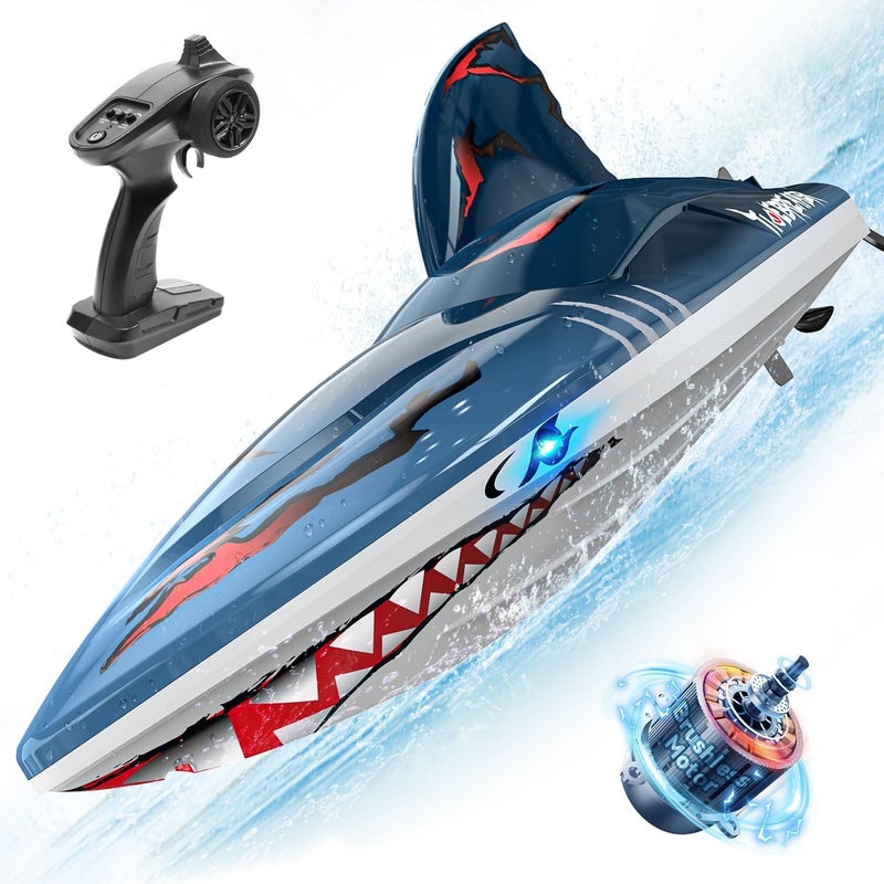 DEERC Fast Brushless RC Boat for Adults, 30+MPH 3S High Speed Remote Control Boat, Self-righting 2.4Ghz Speed Shark with LED Lights, Summer Toy Gift for Kids - Image 1